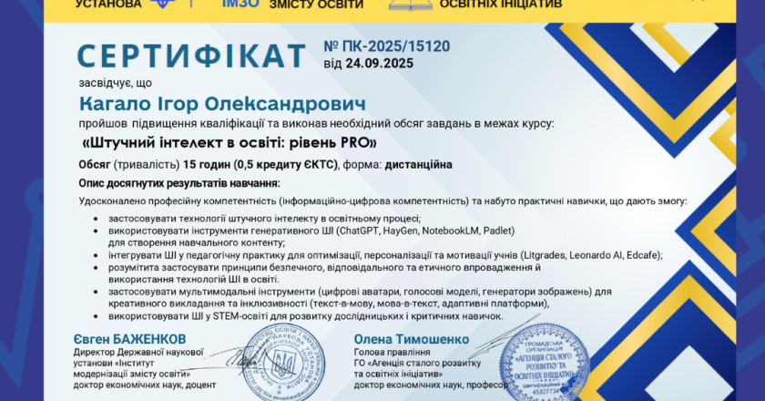Викладач ІТ коледжу Ігор Кагало долучився до Всеукраїнського курсу «Штучний інтелект в освіті: рівень Pro»